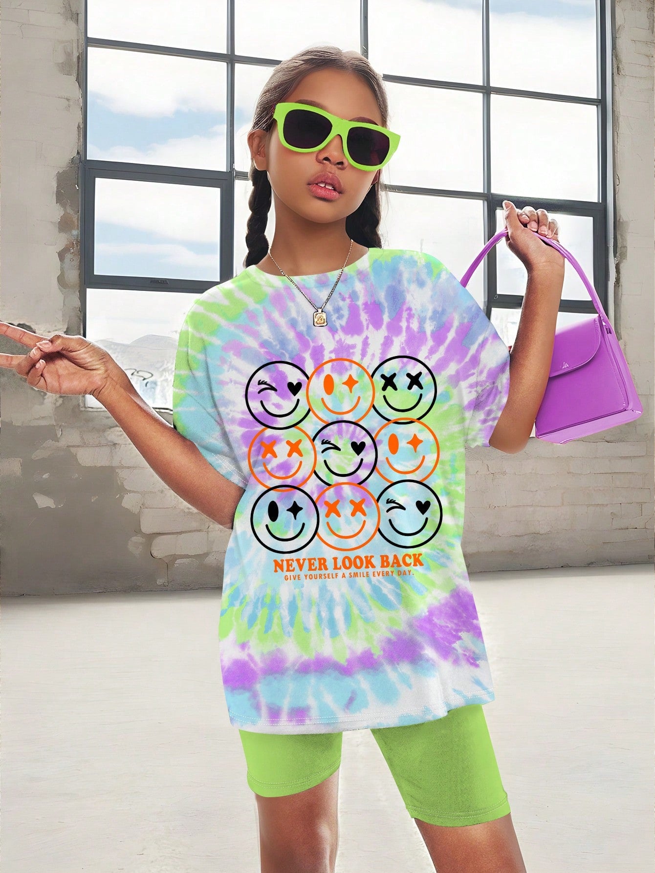 Tie-Dyed Smile Face, 2pcs Tween Girls' Casual Simple Short Sleeve T-Shirt And Shorts Set, Summer