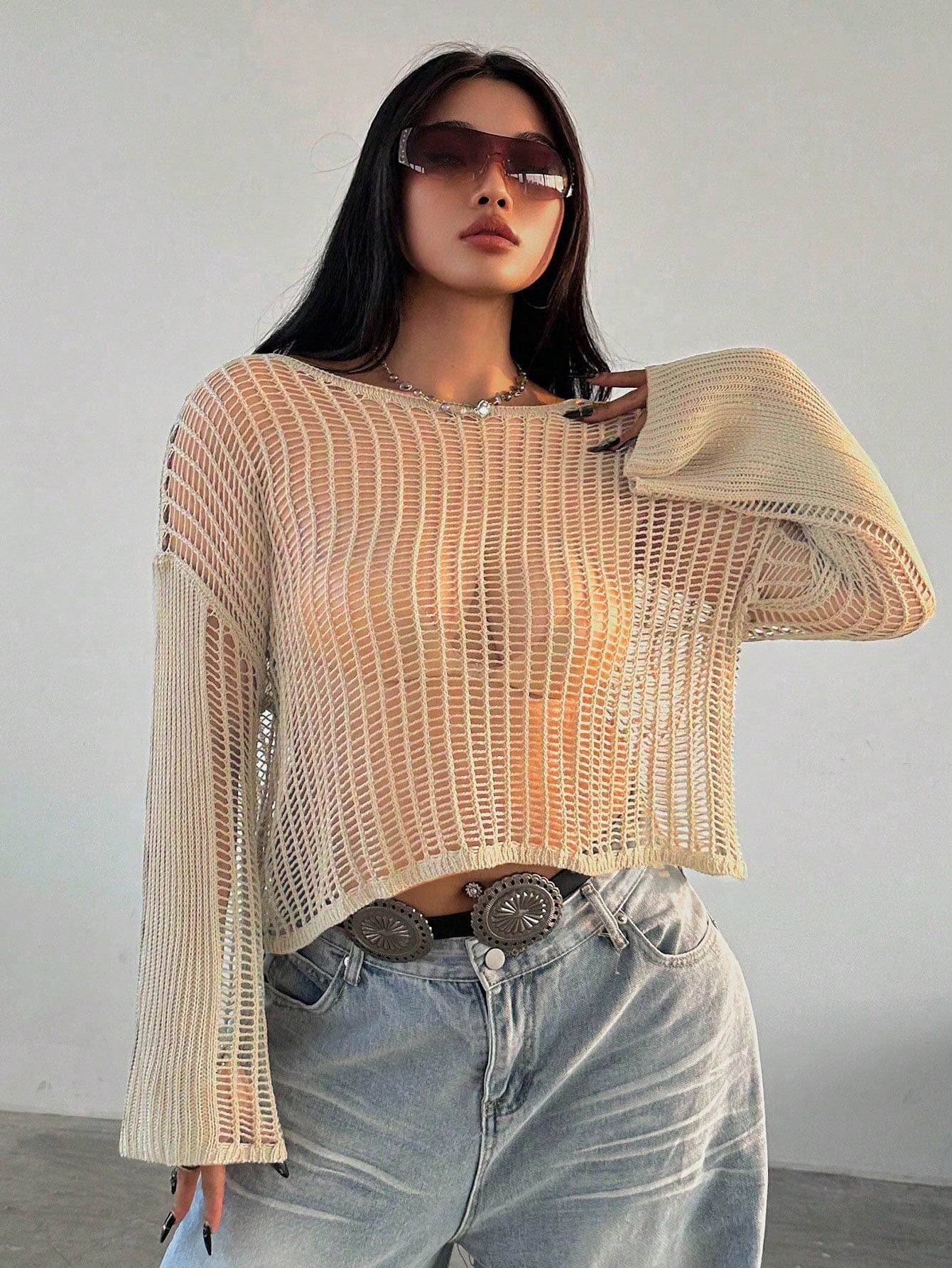 Solid Color Hollow Out Long Sleeve Knit Top