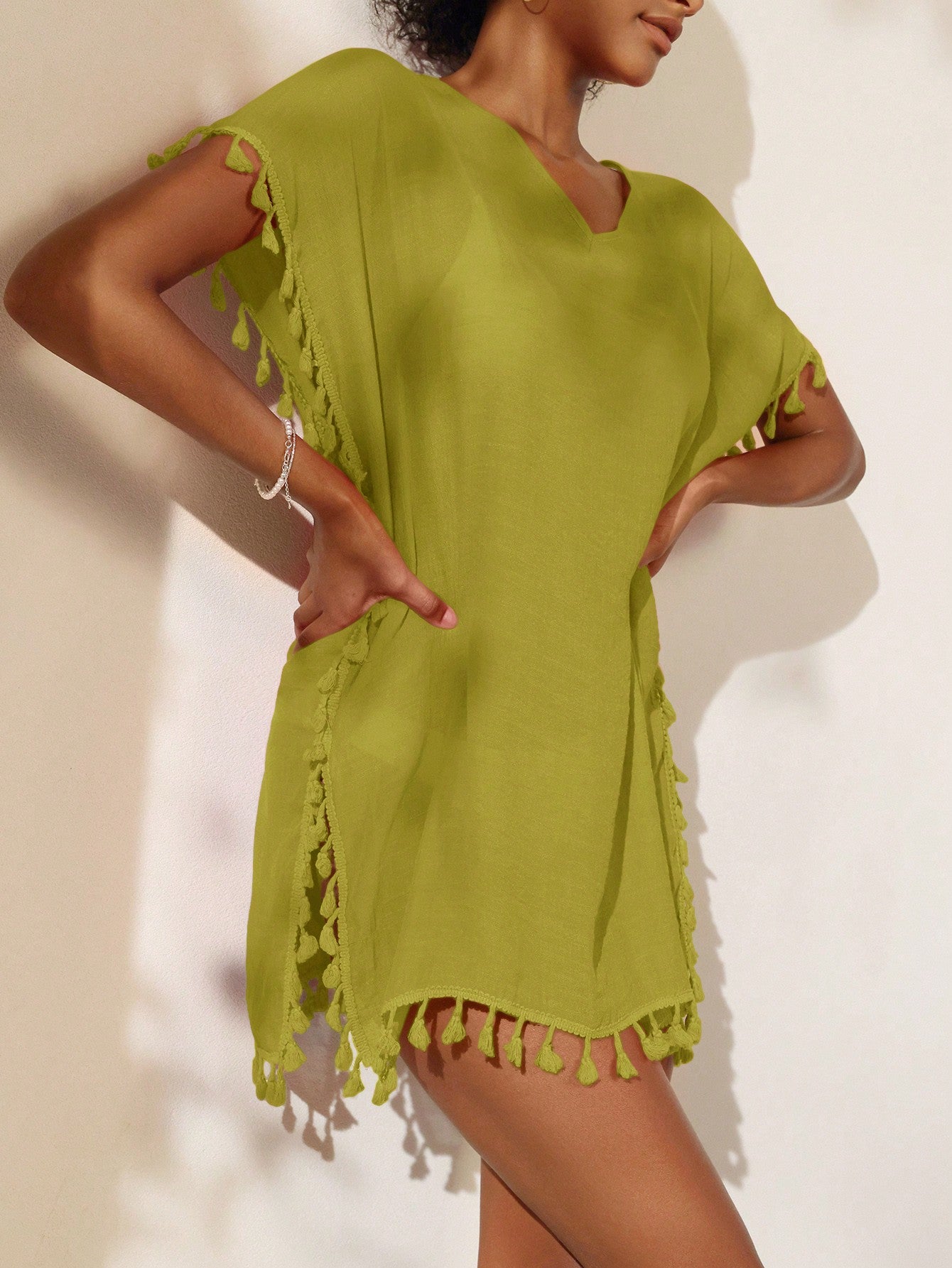 Swim Summer Beach Women Cover-Up Dress With Tassel Decoration, Solid Color, Batwing Sleeves And Side Slits