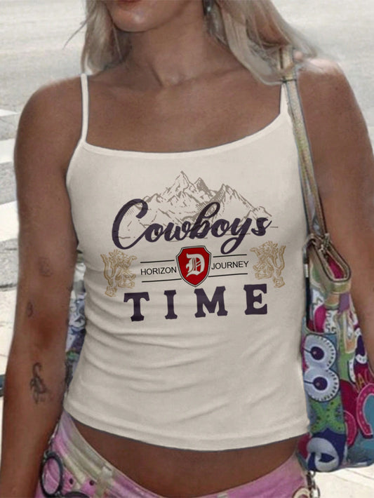 休闲简约“COWBOYS TIME”山地图案印花女式吊带上衣，适合夏季