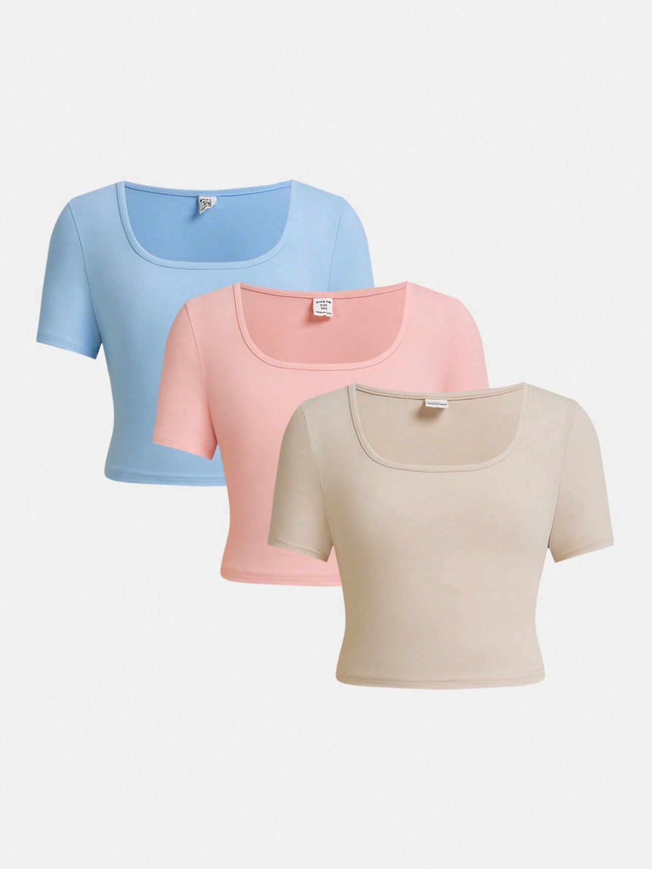 Tween Girl 3pcs Knitted Solid Color Square Neck Short Sleeve T-Shirt