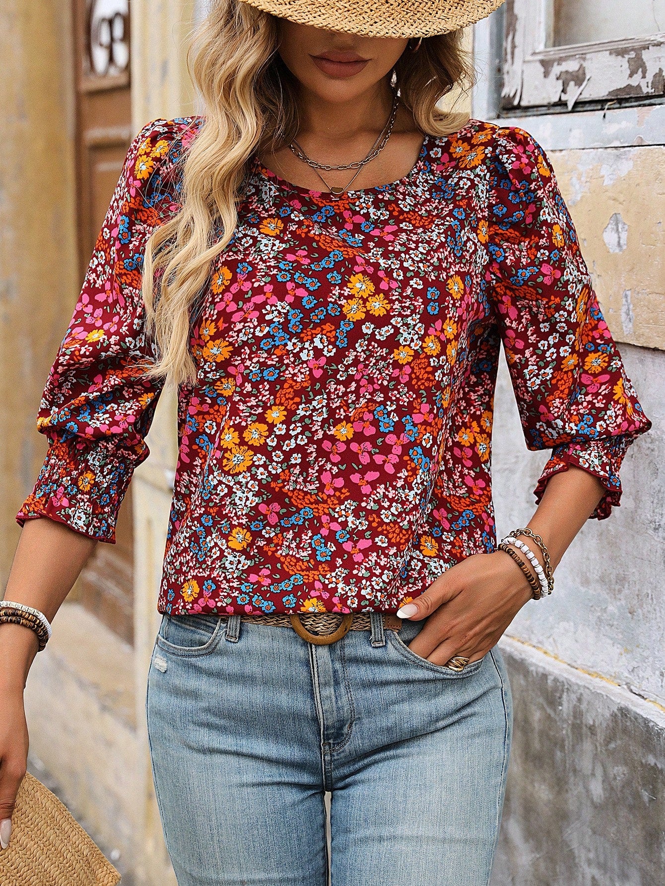 Women's Vacation Style Printed Long Sleeve Shirt (Floral Pattern Random Cut)