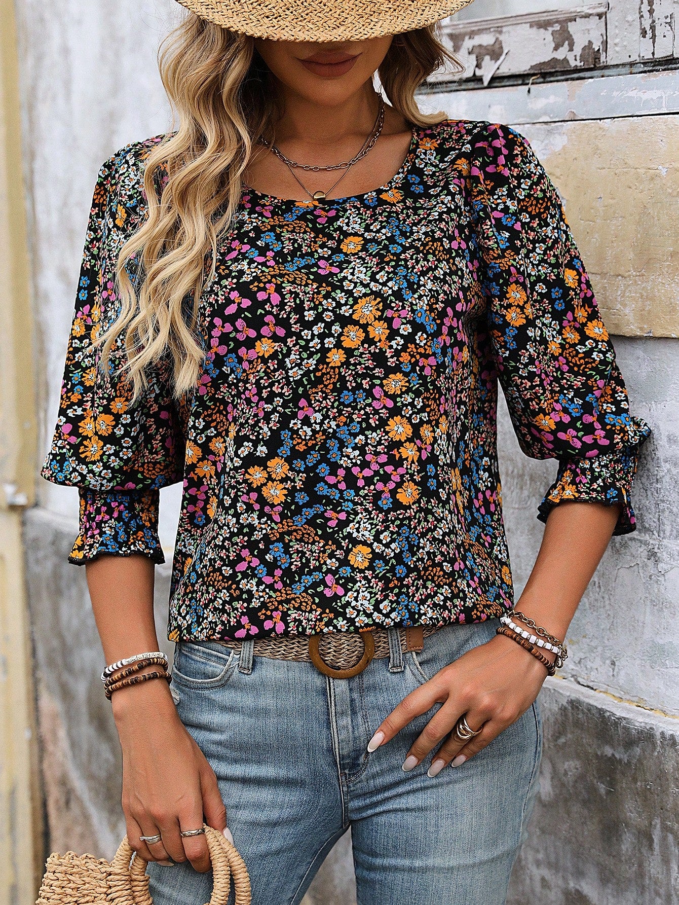 Women's Vacation Style Printed Long Sleeve Shirt (Floral Pattern Random Cut)