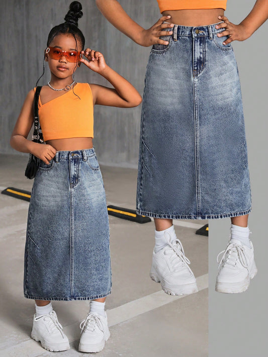 Tween Girls' Y2K Trending Street Retro Split Casual High Waist A-Line Denim Long Skirt,Tween Girl Fall Clothes Back To School Clothes Outfits