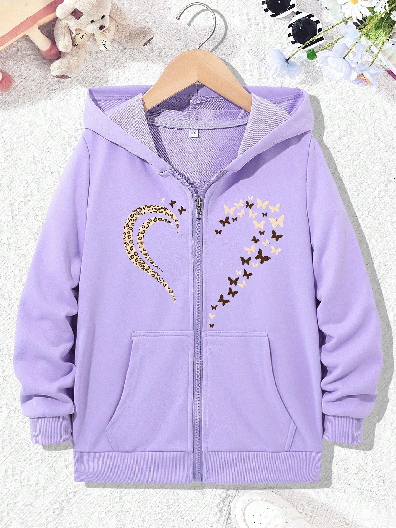 Middle And Large Children's Autumn And Winter Long-Sleeved Hooded With Pockets Butterfly Heart Print Sweatshirt Zipper Girl Jacket