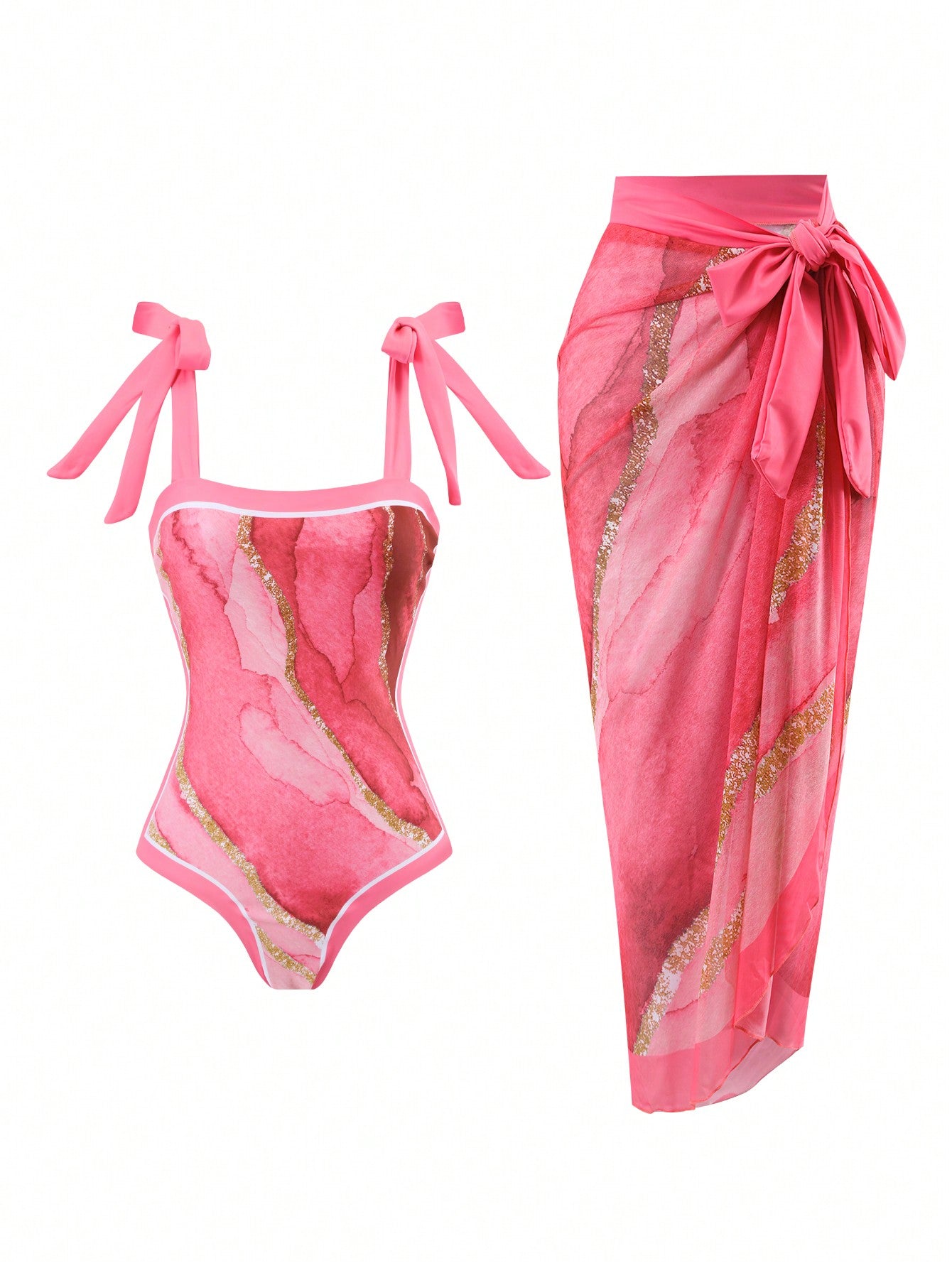 Digital Print Strap Retro Style Women's Swimwear With Mesh Skirt 2pcs/set