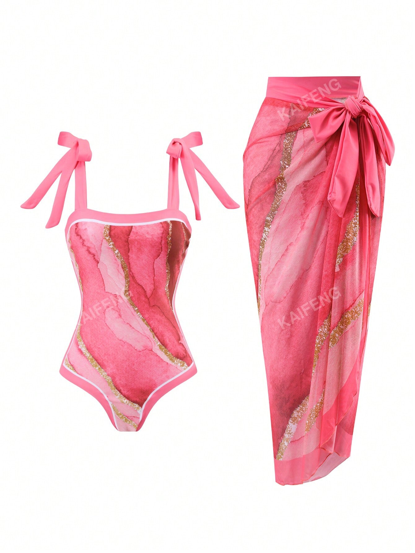 Digital Printed Lace-up Retro Women's One-piece Swimsuit Gauze Skirt 2-piece Set