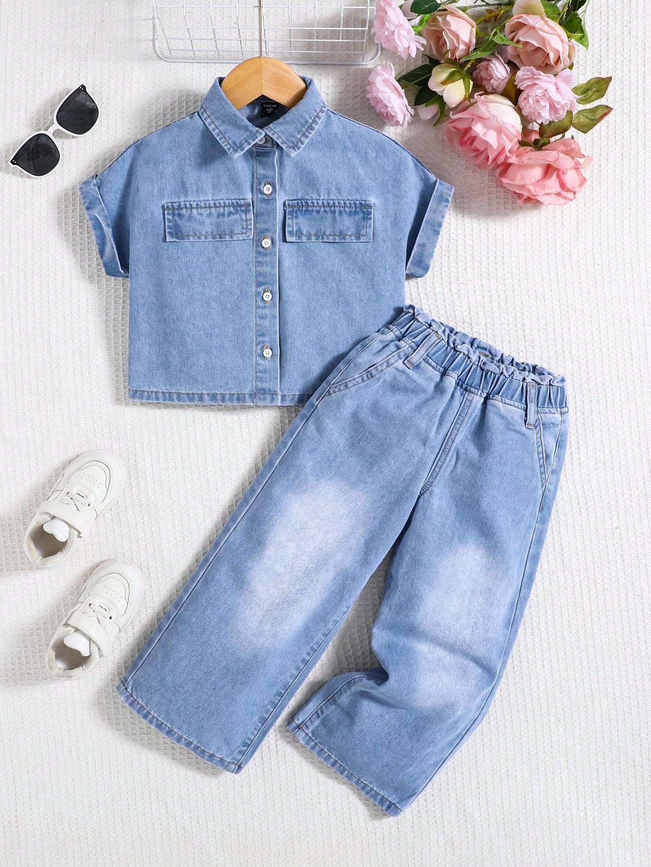 2pcs Girls' Denim Shirt And Pants Set, Blue