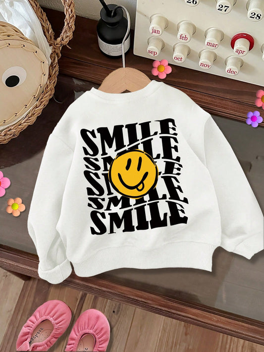 Young Girls Casual Everyday Comfortable Knit Smiling Face "SMLLE" Printed Long Sleeve Sweatshirt, Suitable For Autumn And Winter