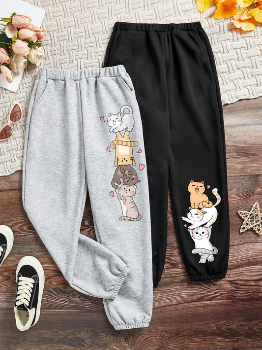 2pcs Cute Cat & Heart Print Tween Girls' Casual Simple Long Sweatpants, Gray+Black, Loose Fit For Fall/Winter