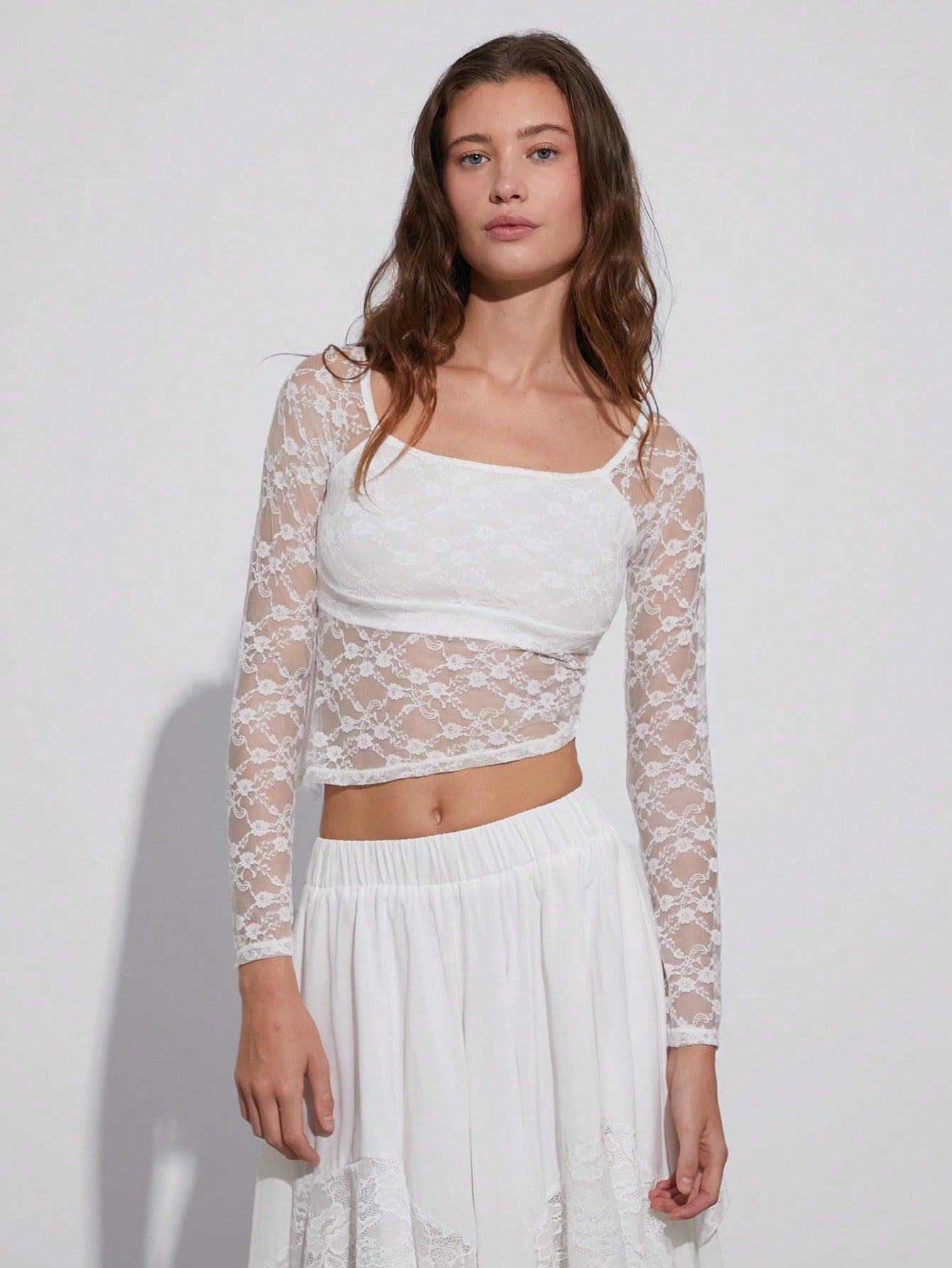 Women's Sheer Lace Top With Elegant Neckline And Asymmetrical Hem