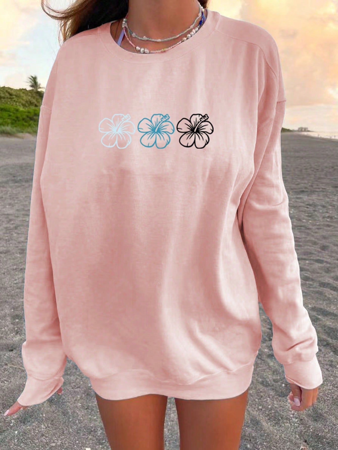 Women's Floral Printed Loose Fit Vacation Leisure Sweatshirt