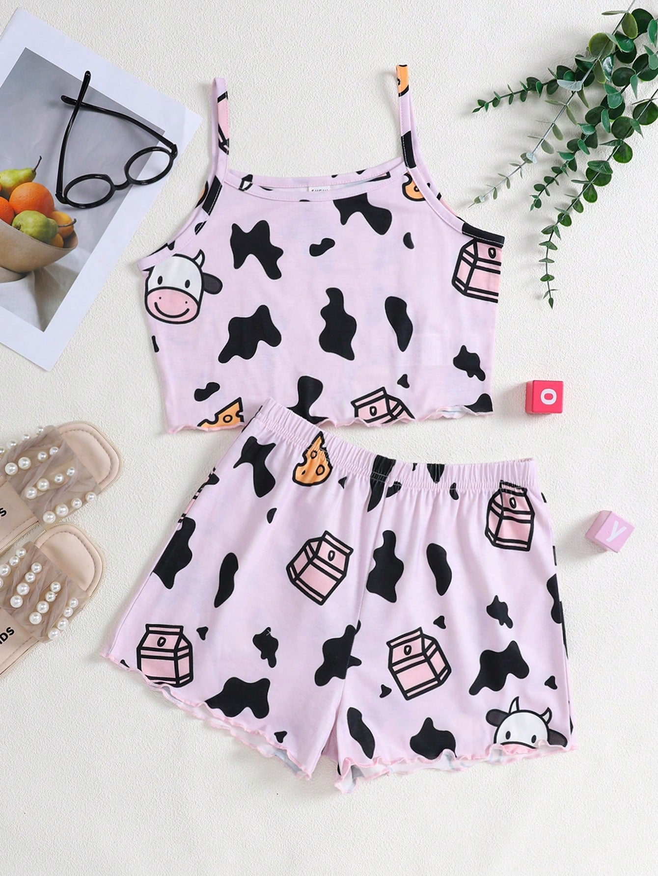 Tween Girl Knitted Wide Leg Pajamas Set, Cow Print Tank Top & Shorts, Summer