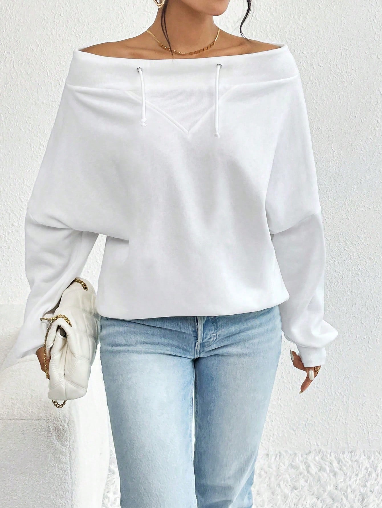 Off Shoulder Batwing Sleeve Drawstring Sweatshirt