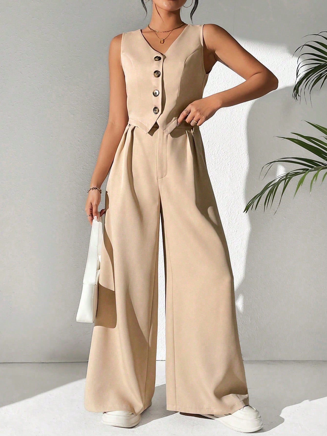 Frenchy Spring Summer Casual Street Style Solid Color Short Vest And Pleated Wide-Leg Pants Suit For Commuting And Daily Wear