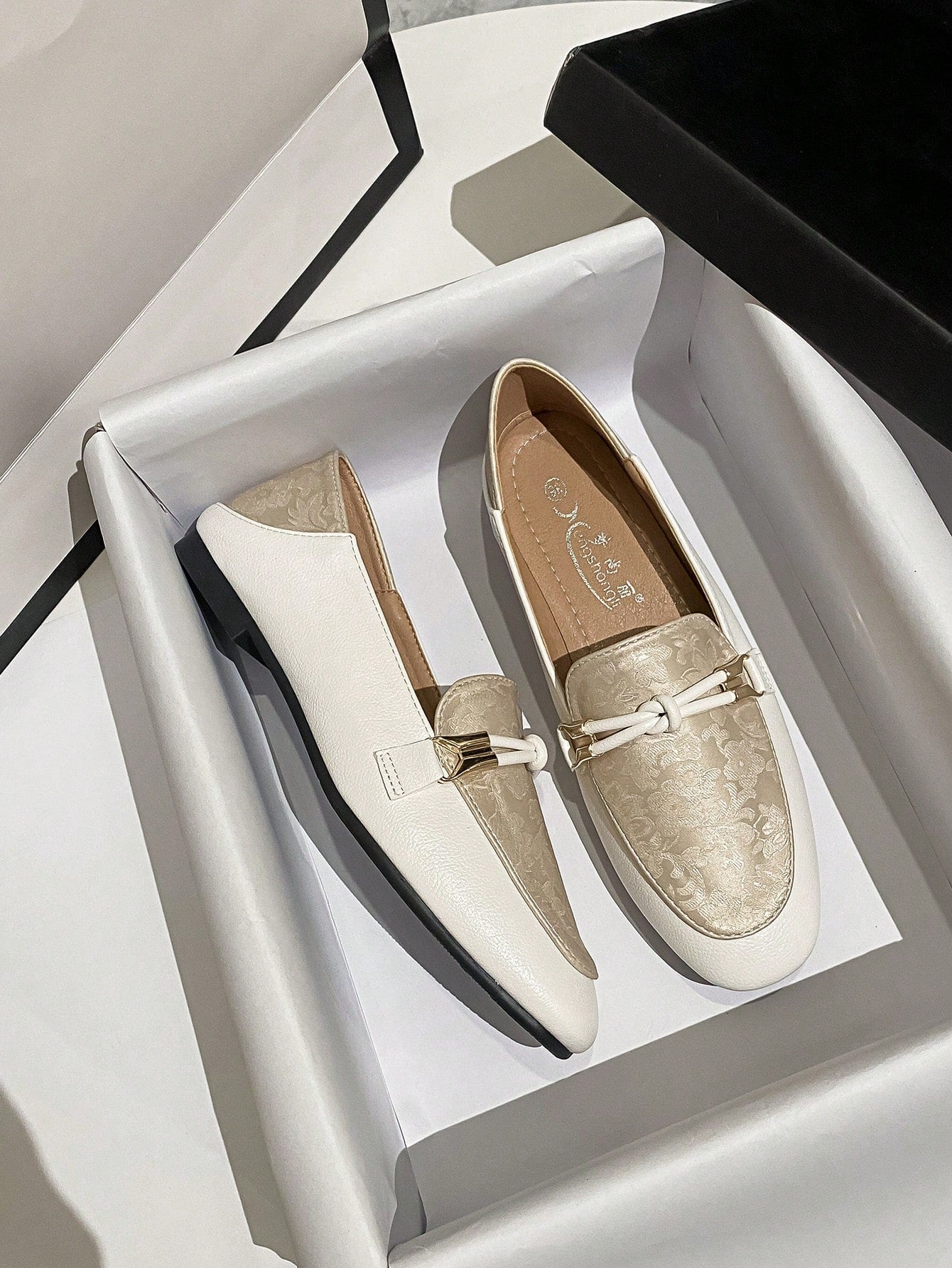 Women Knot Decor Square Toe Loafer Flats, Elegant Beige Color Block Flat Shoes