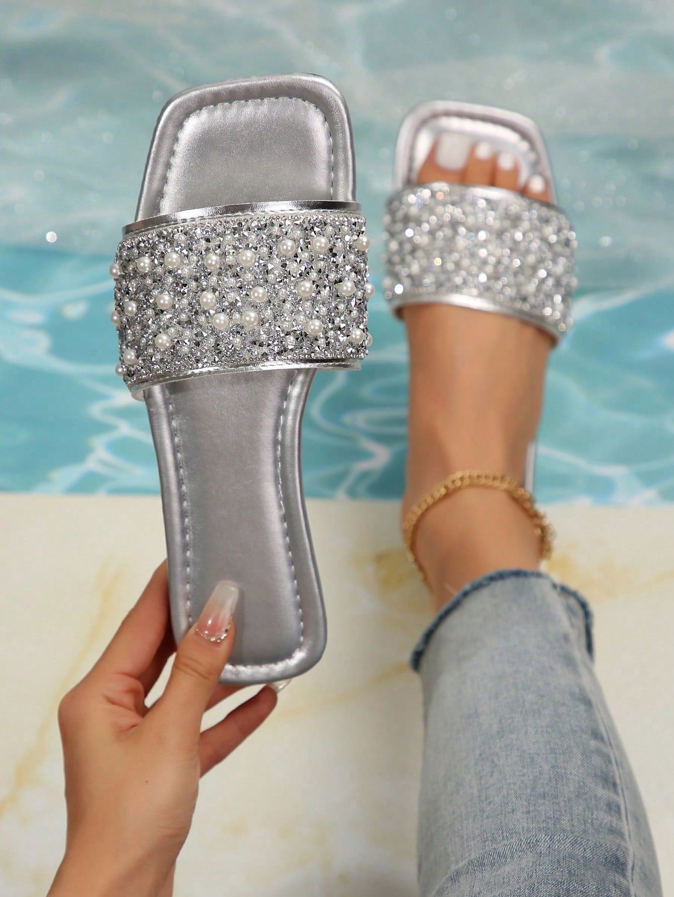 Women's Rhinestone Decor Pink Flat Sandals, Summer Casual Plastic Slip-on Open Toe Slides For Outdoor