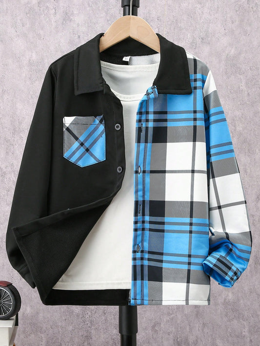 1pc Teen Boys' Casual Plaid Patchwork Turn-Down Collar Jacket For Autumn