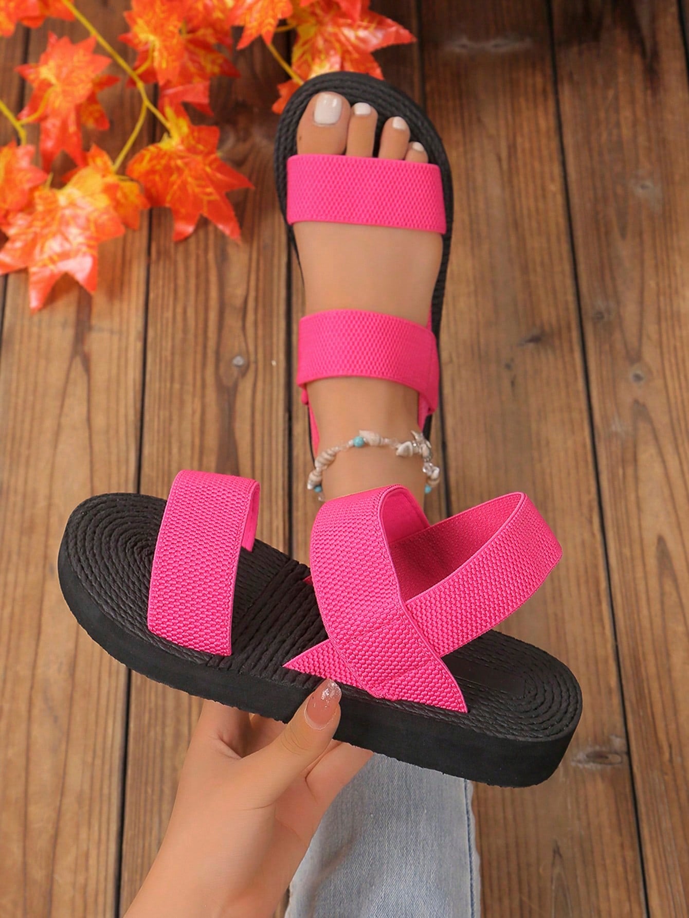 Women Minimalist Double Strap Slingback Wedge Sandals, Black Flat Summer Shoes For Beach And Holiday