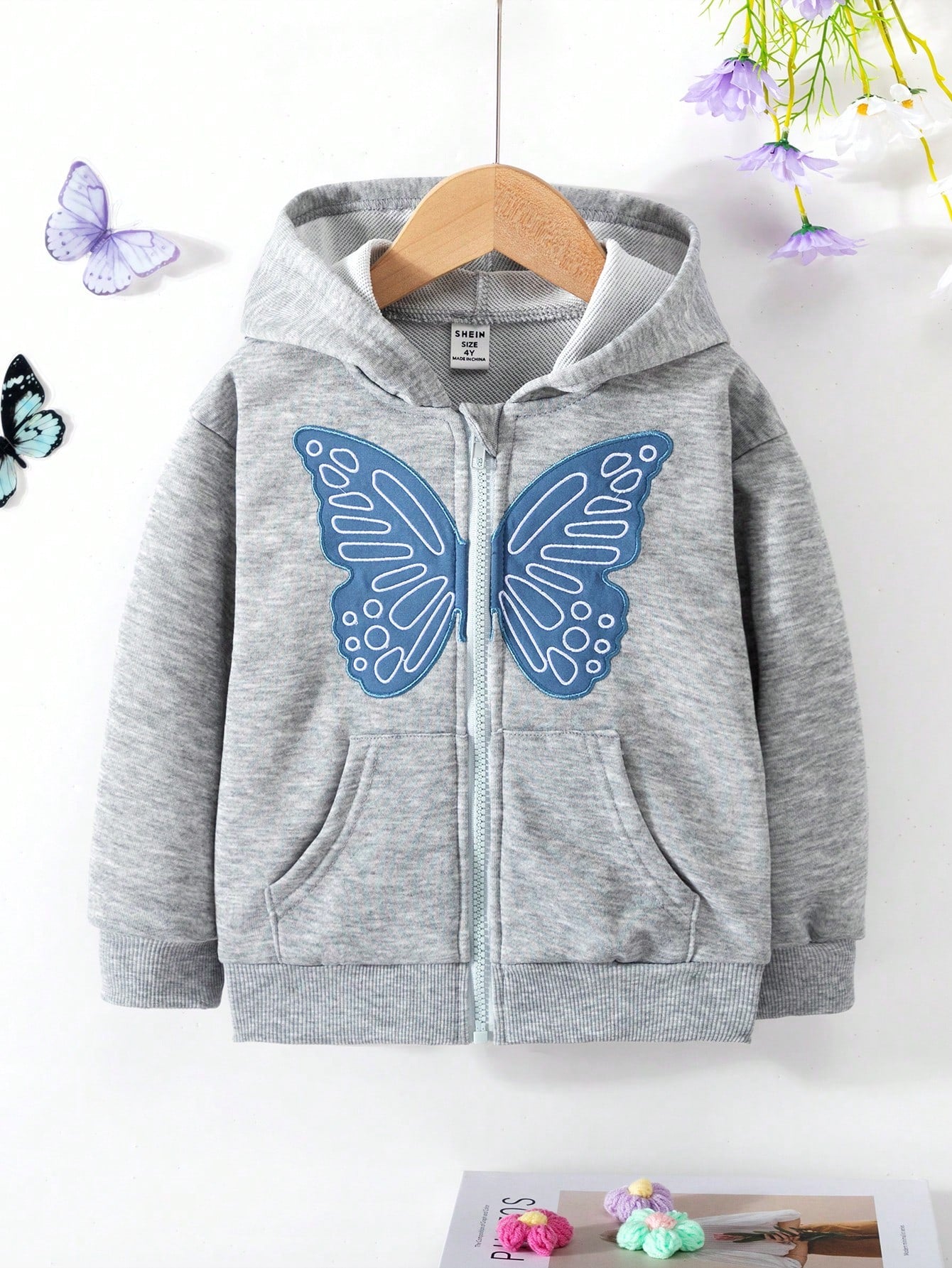 Girls Knitted Zip-Up Butterfly Hooded Jacket, Casual Daily Lightweight Coat For Autumn Winter