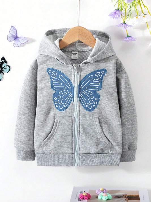 Girls Knitted Zip-Up Butterfly Hooded Jacket, Casual Daily Lightweight Coat For Autumn Winter