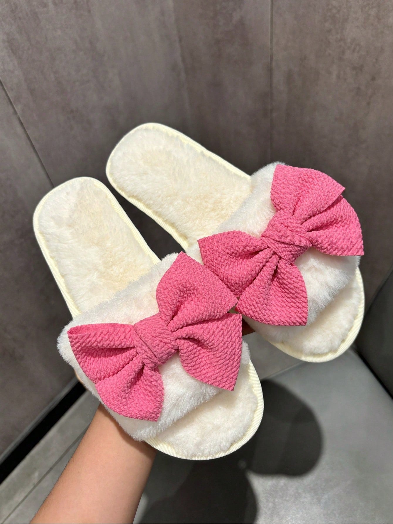 Women's Elegant Plush Purple Bow Flat Plush Open-Toe Slippers For Valentine's Day Parties And Home Use