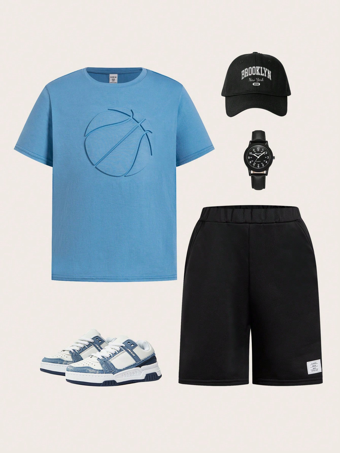 Tween Boy Basketball Pattern Tee & Letter Patched Detail Shorts