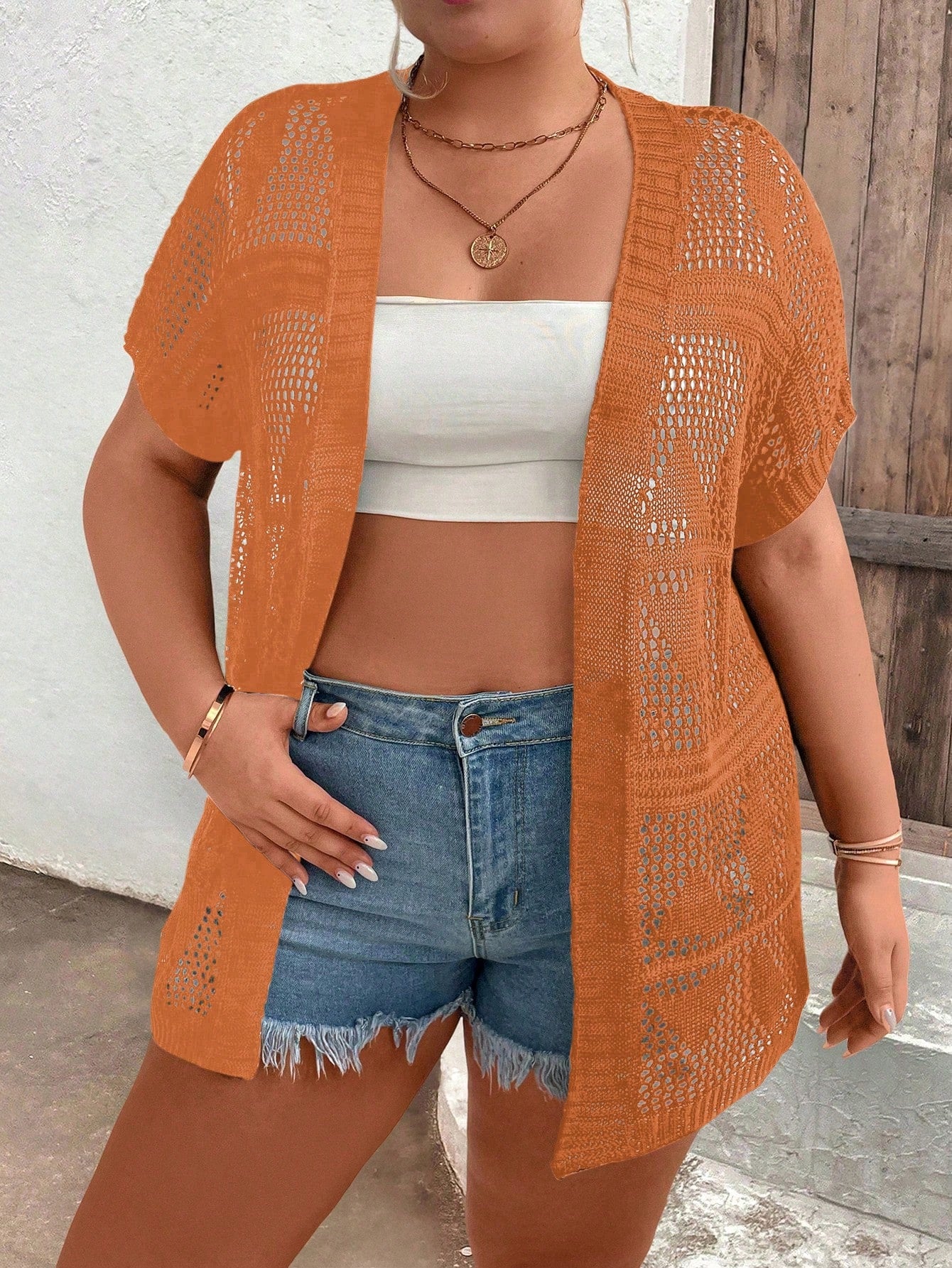 Plus Size Summer Solid Color Knitted Casual Short Sleeve Cardigan