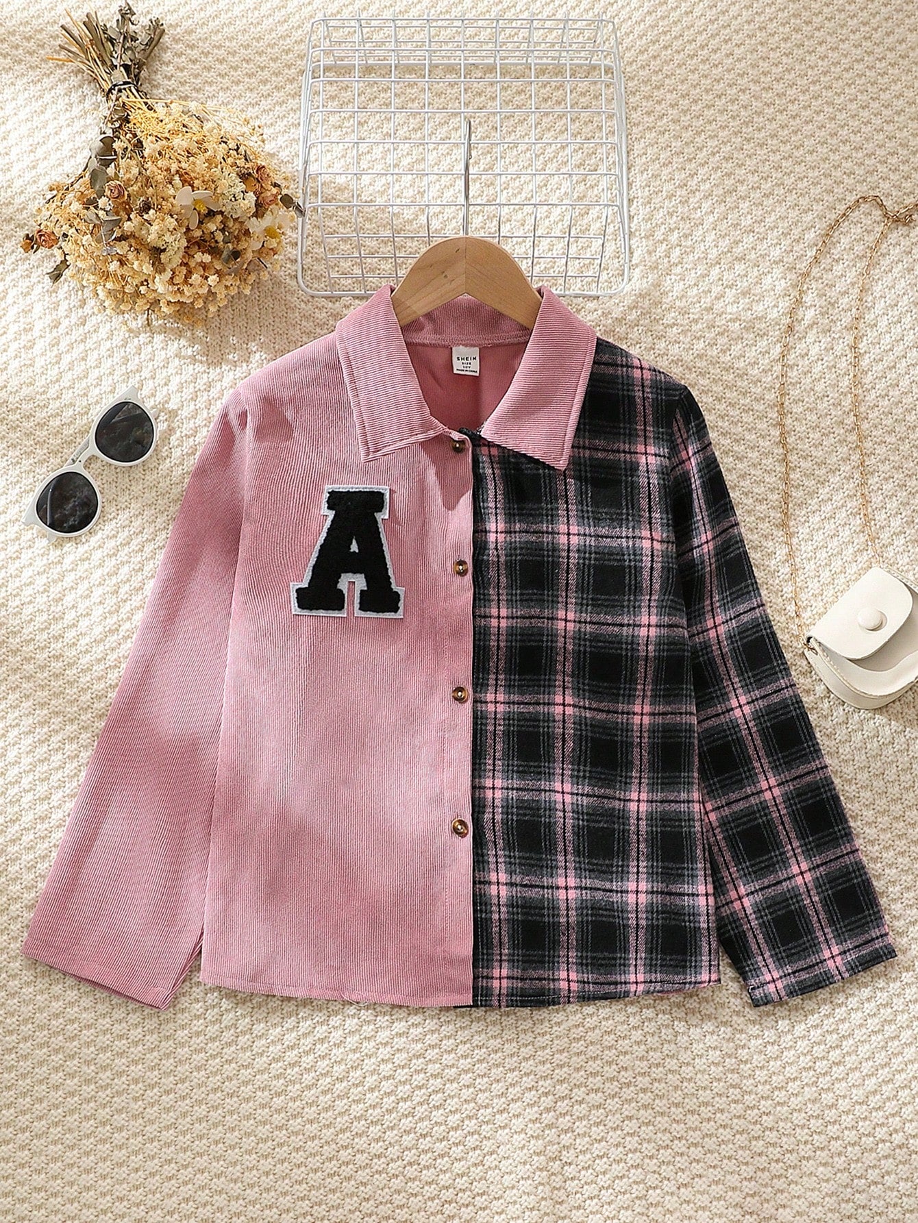 Kids Corduroy & Plaid Patchwork Long Sleeve Jacket