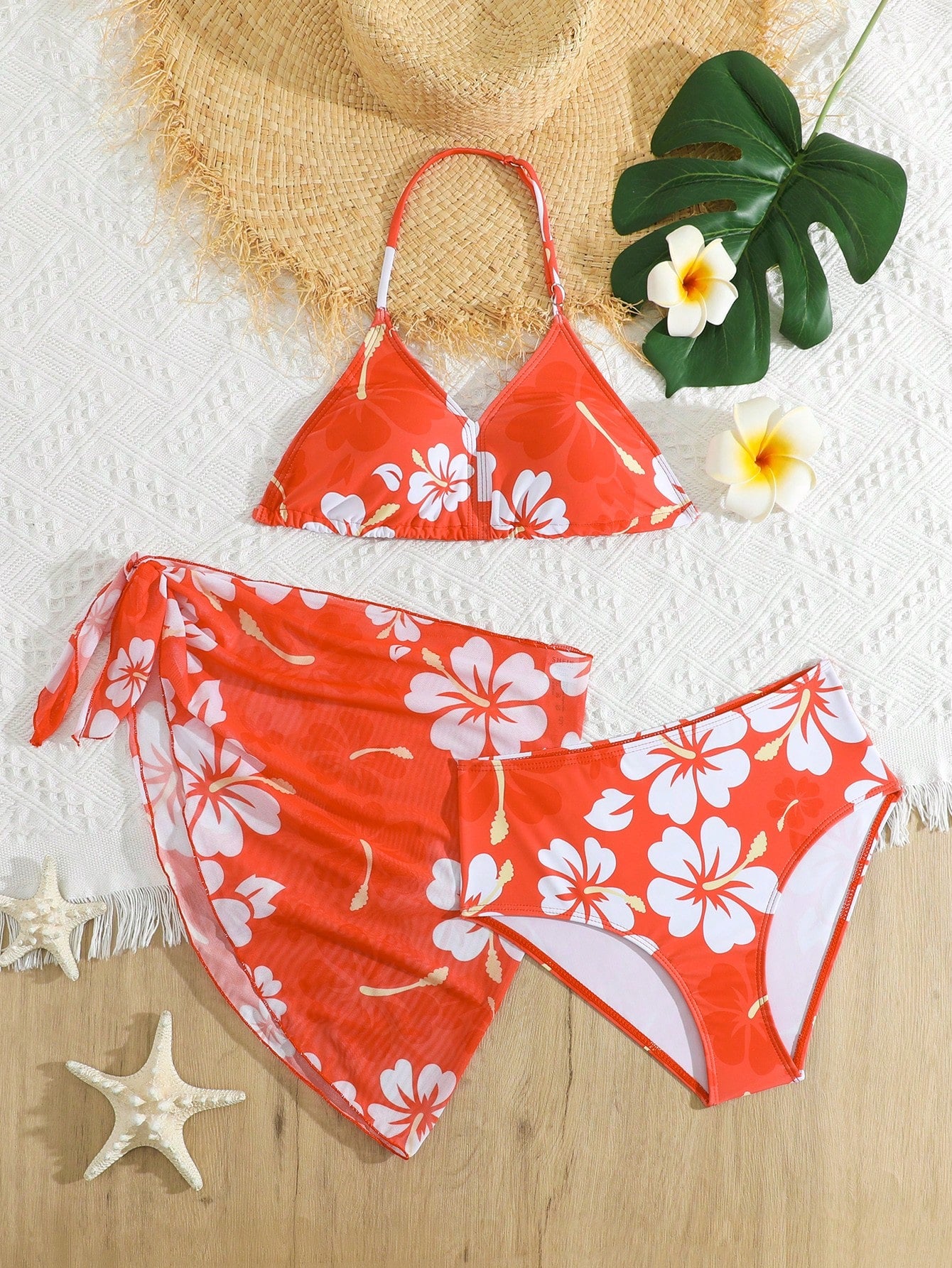 Tween Girl Summer Beach Floral Printed Halter Bikini Set With Cover-Up Skirt Bathing Suit