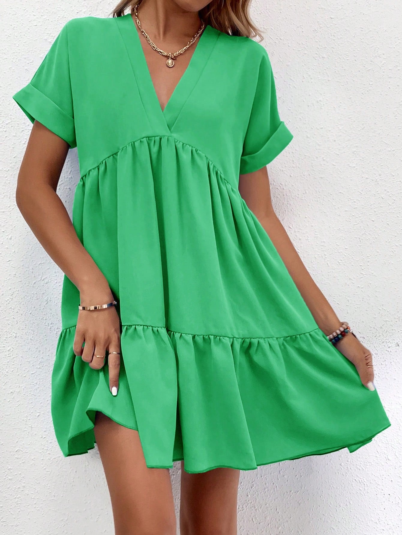 Solid Color Batwing Sleeve Layered Vacation Casual Dress