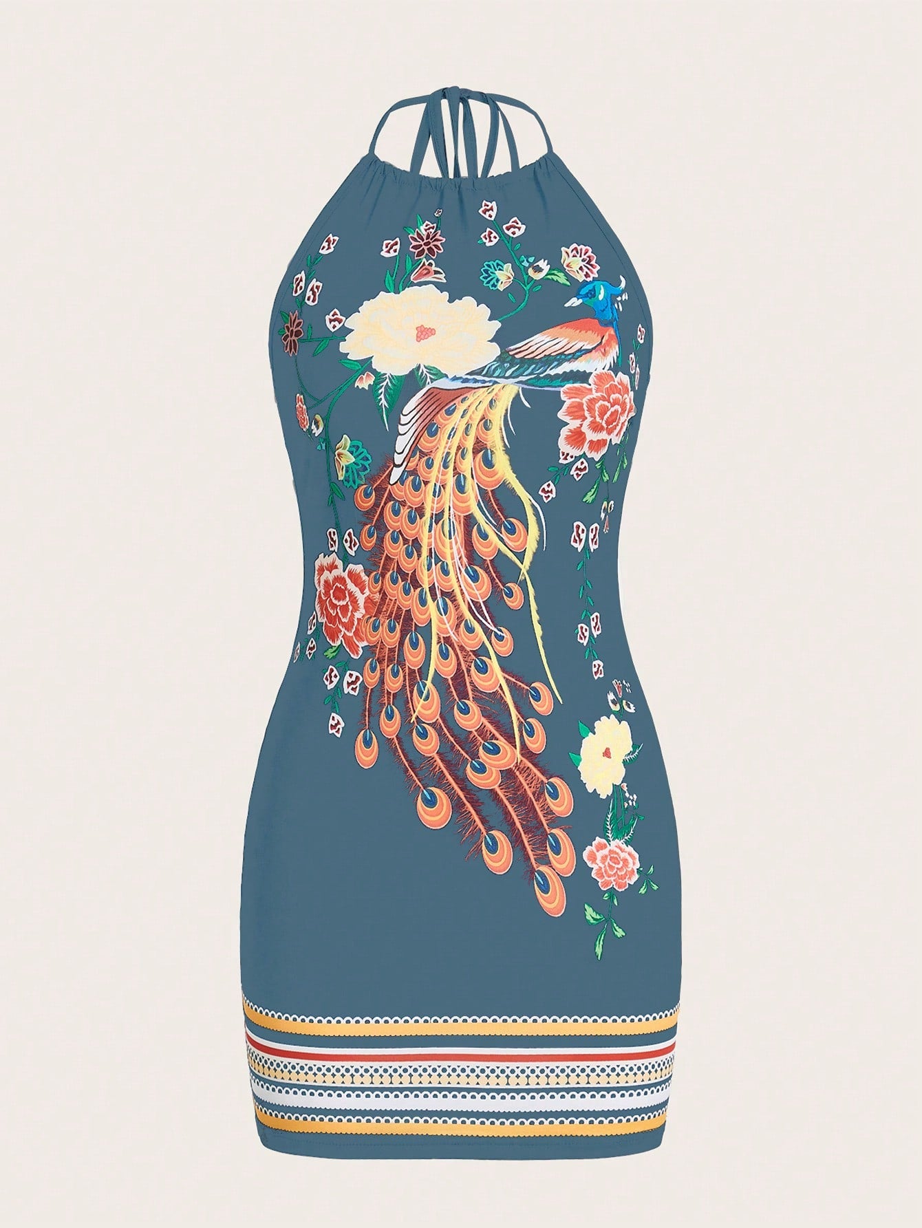 Ladies Fashionable Peacock Print Halter Neck Dress With Floral Embellishments