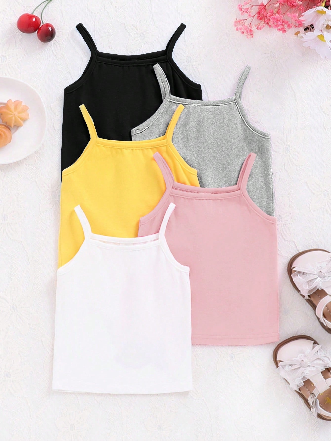 Young Girl 5pcs Solid Knitted Sleeveless Casual Camisole Top Set