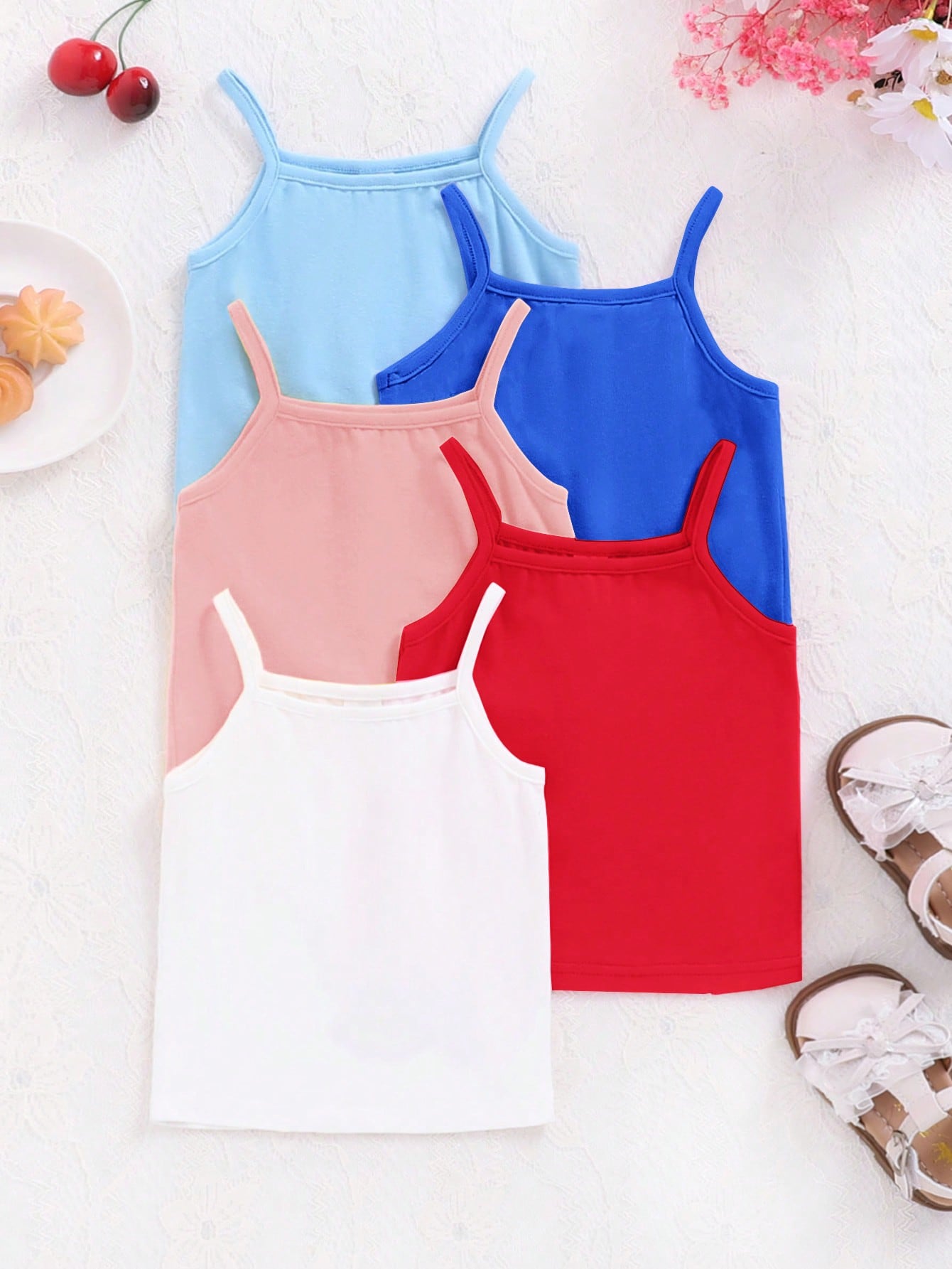 Young Girl 5pcs Solid Knitted Sleeveless Casual Camisole Top Set