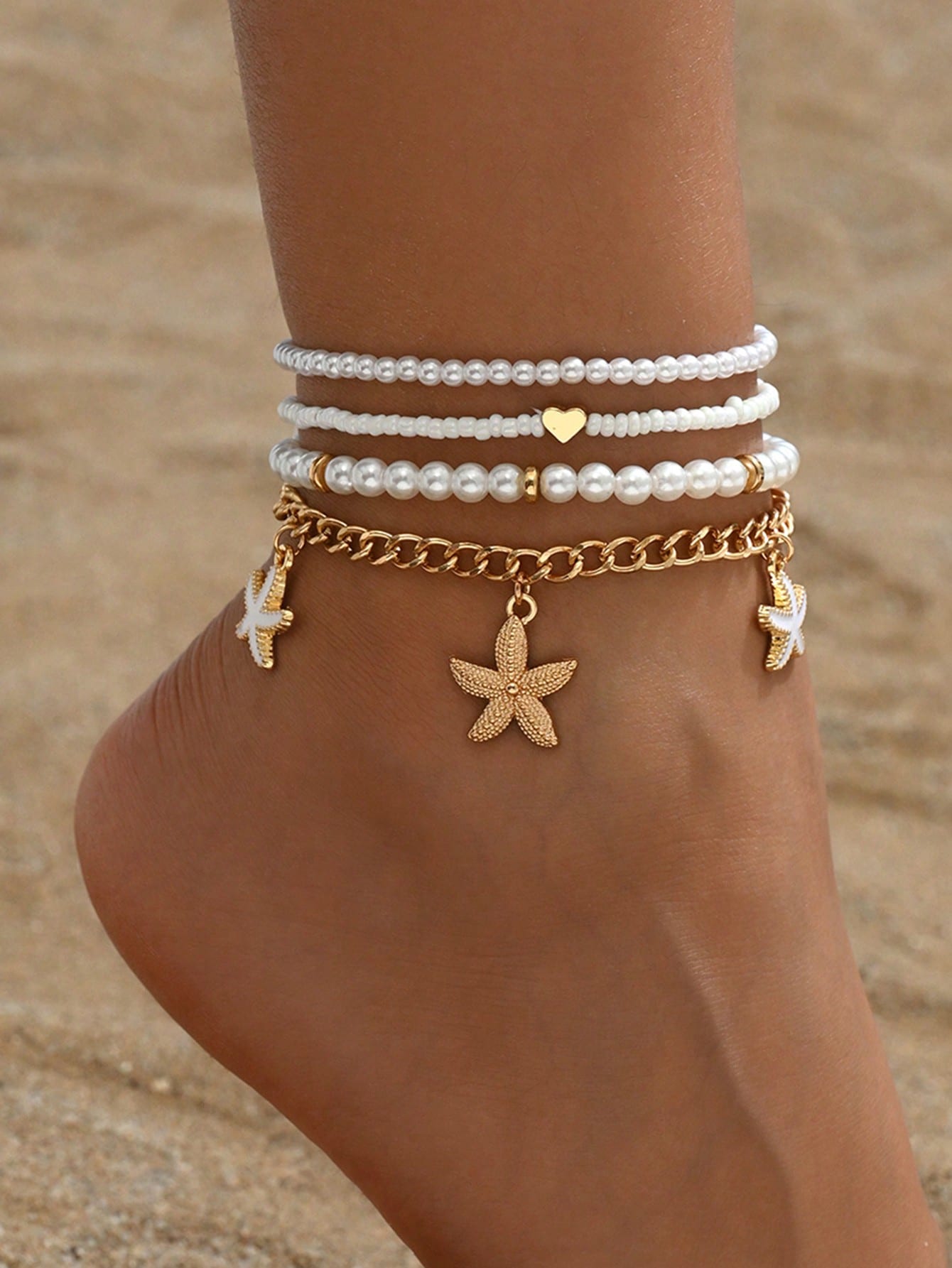 3pcs Simple Design Alloy Shell & Starfish Pendant Beaded Bracelet Anklet Set, Everyday Wear