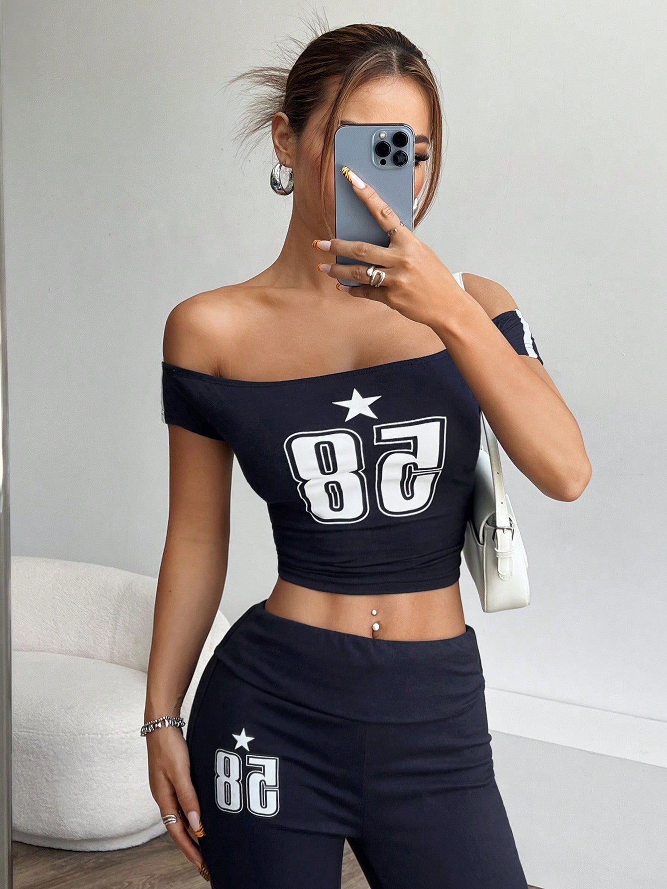 Women Summer Solid Color Off Shoulder Short Sleeve Wrinkled Cropped Slim Fit Top And Bell-Bottom Pants Casual Two-Piece Set