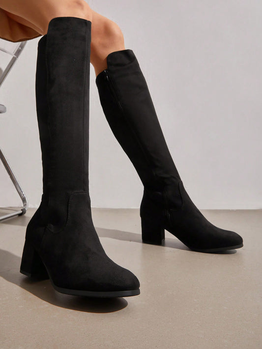 Women's Knee High Stretchy Fashion Boots Round Toe Chunky Heel Fashionable Classic Boots