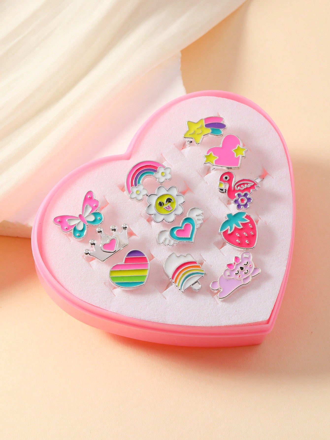 1set/12pcs Girls' Adjustable Alloy Oil Drop Shape, Animal, Rainbow & Crown Design Rings