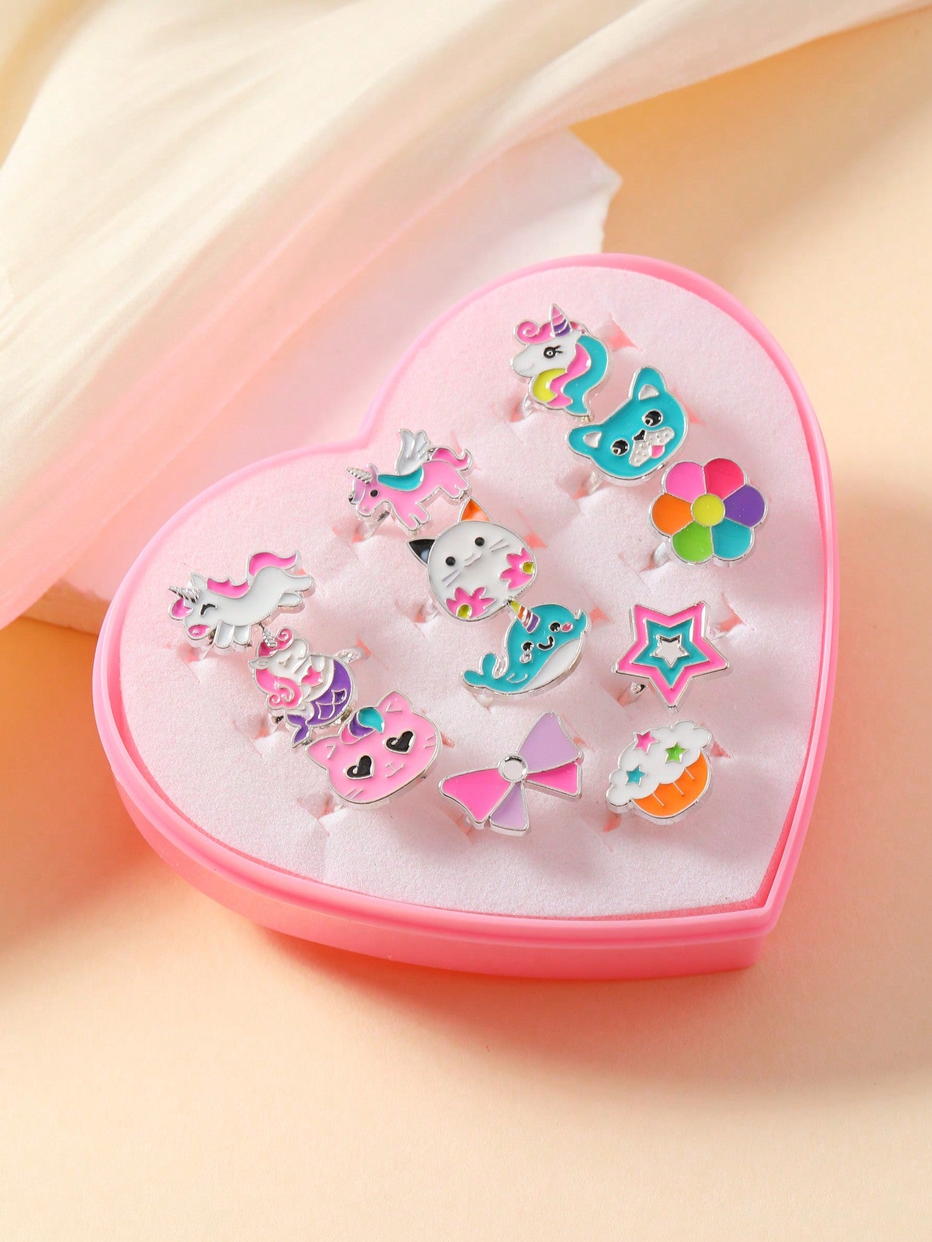 12pcs/set Girls' Adjustable Animal, Rainbow, Crown Decor Zinc Alloy Oil Drop Ring