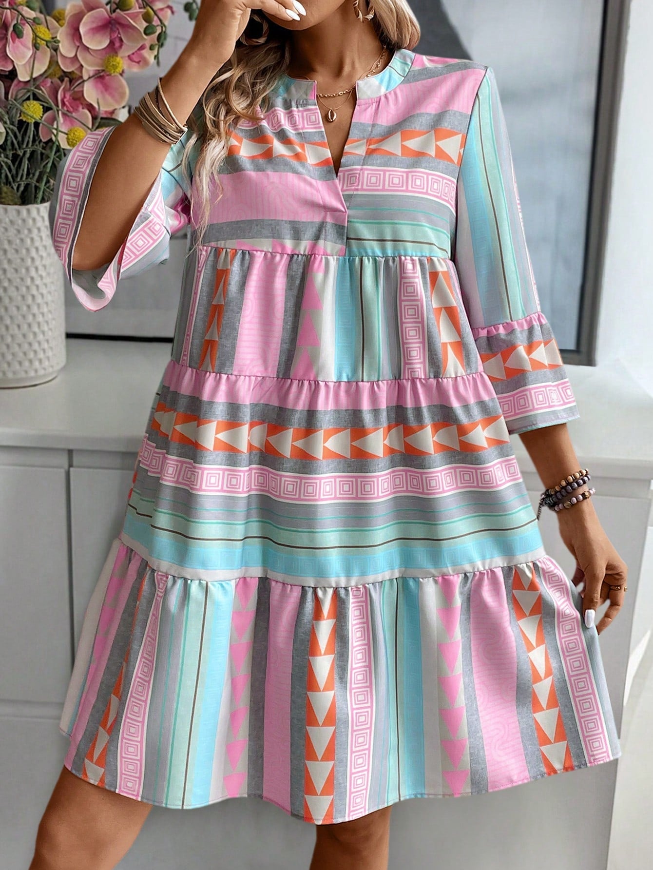 Notched Neck Flare Sleeve Notched Hem Ruffle Trim Vacation Style Casual Dress