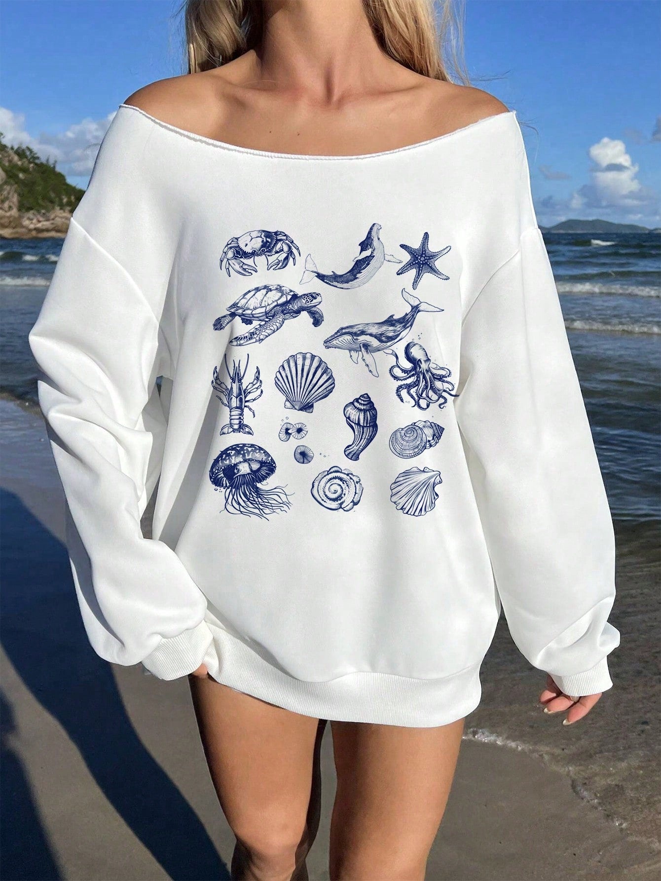 Women's White Loose Oversized Off-Shoulder Long Sleeve Sweatshirt For Casual Wear