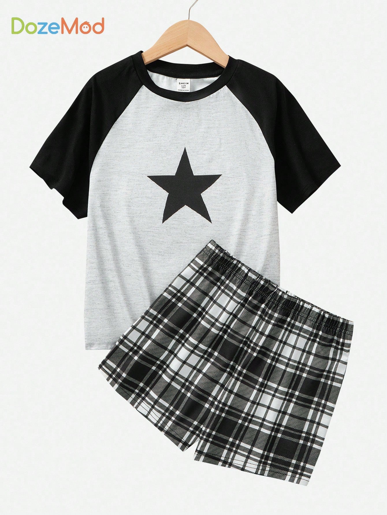 Tween Girl Star Pattern Color Block Raglan Sleeve Sleeve T-Shirt With Simple Plaid Shorts, Casual Comfortable Flame Retardant Pajamas 2pcs/Set