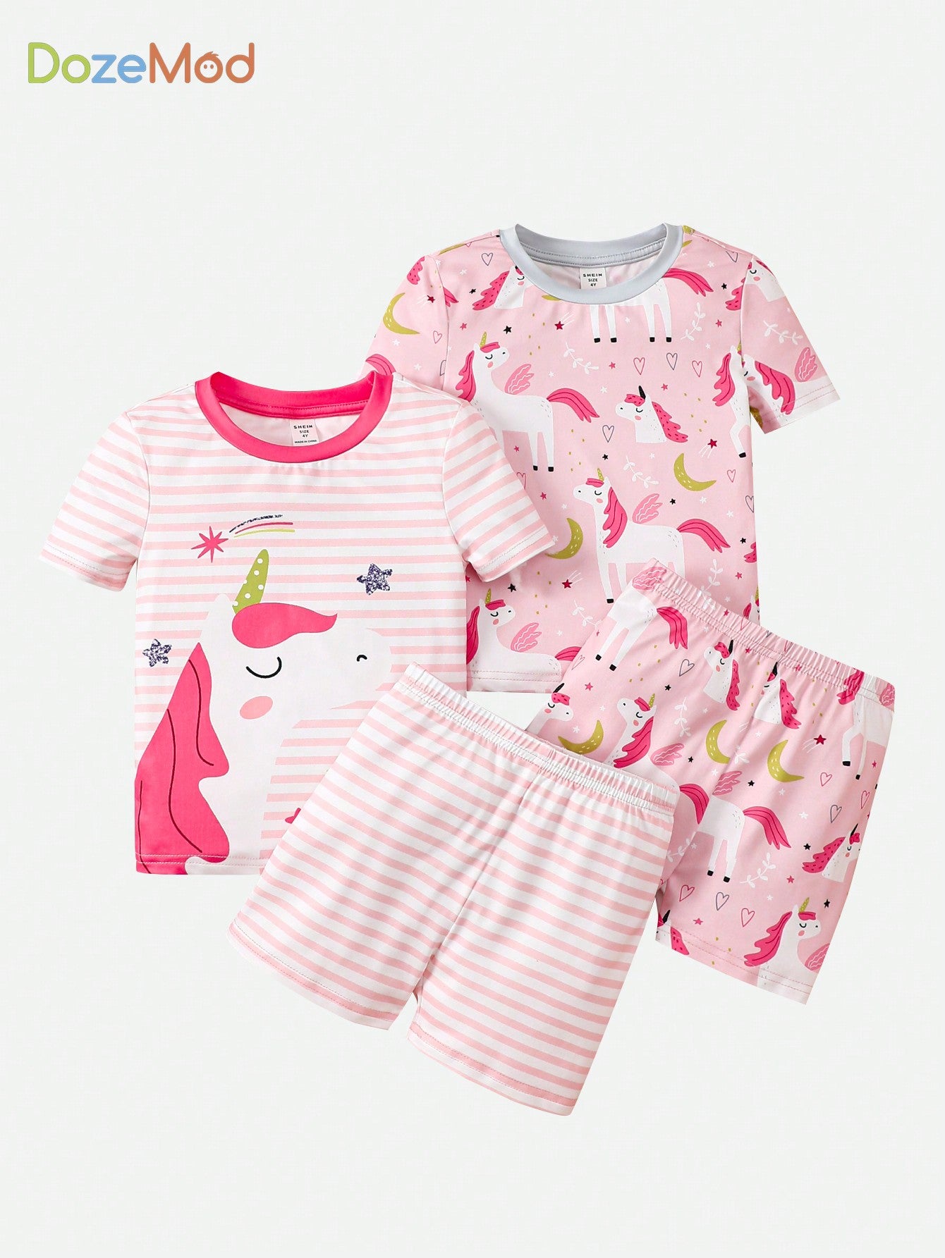 Young Girl Snug Fit Unicorn Pattern Round Neck Short Sleeve Top And Long Pants Knit Pajamas Set