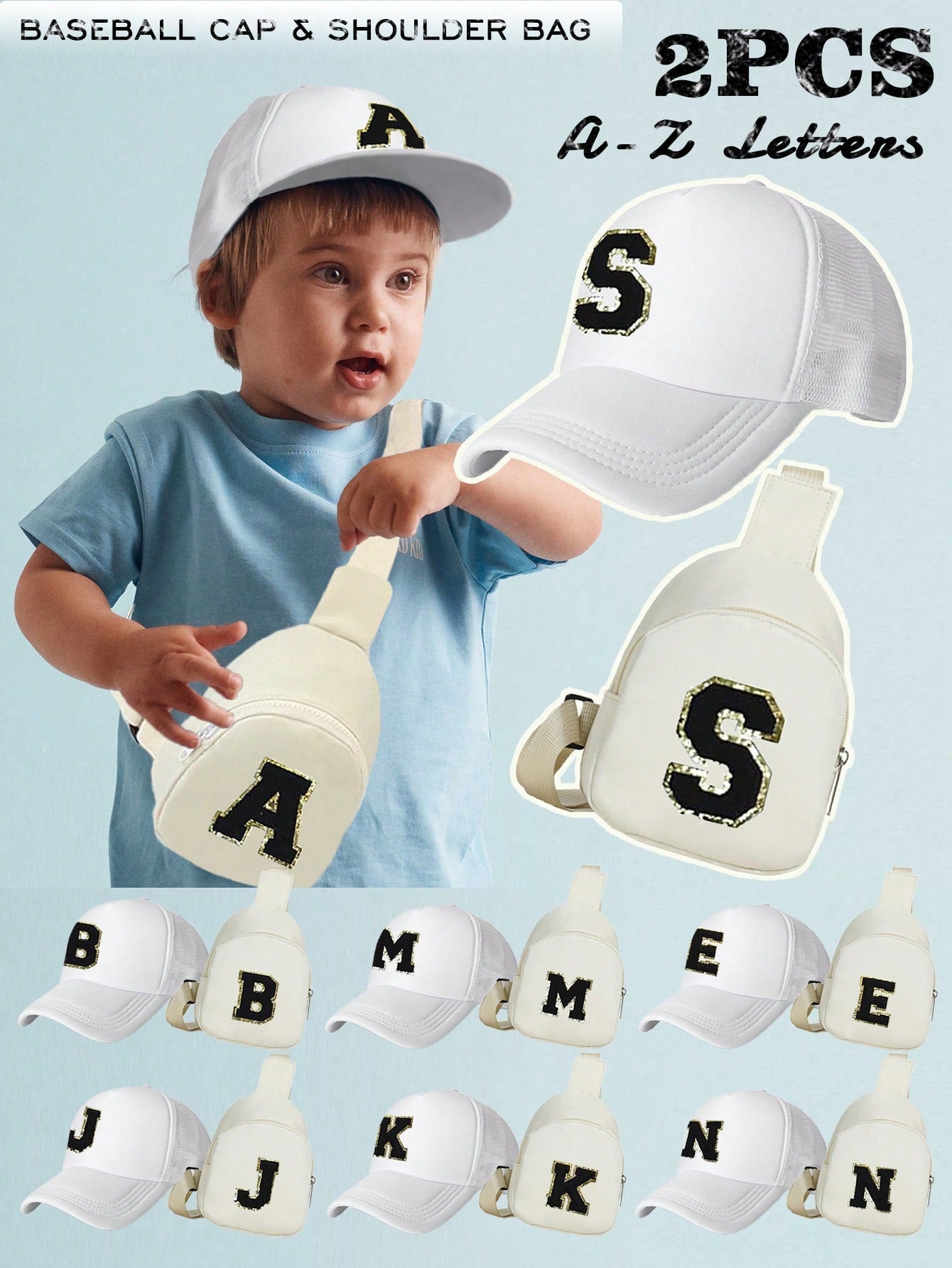 2pcs Children's 26 Alphabet Baseball Cap And Bag Set For Boys And Girls To Use As Fashionable Accessory For Daily Wear And Back To School