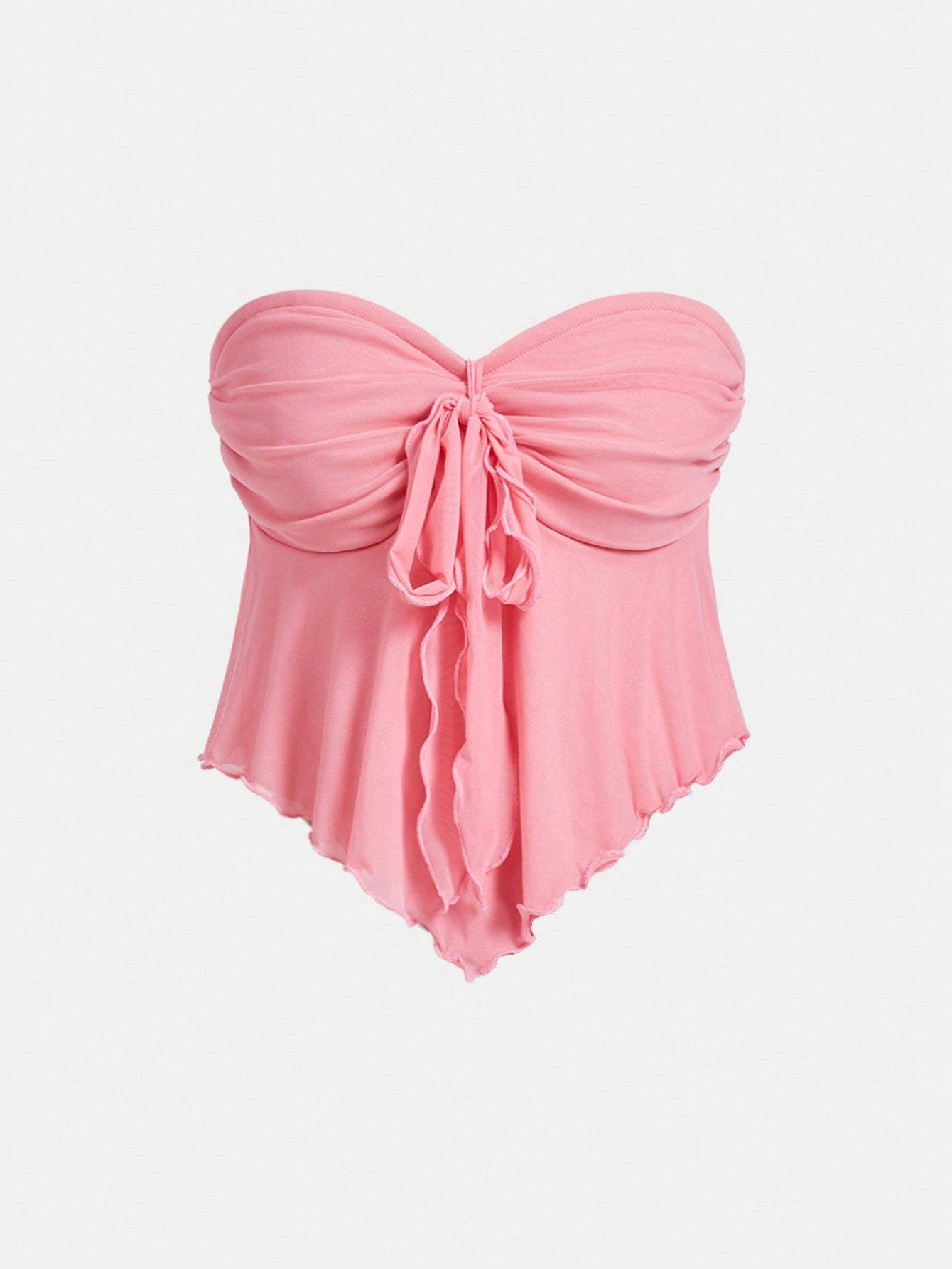 Women's V-Shaped Hem Mesh Strapless Top With Bow Belt