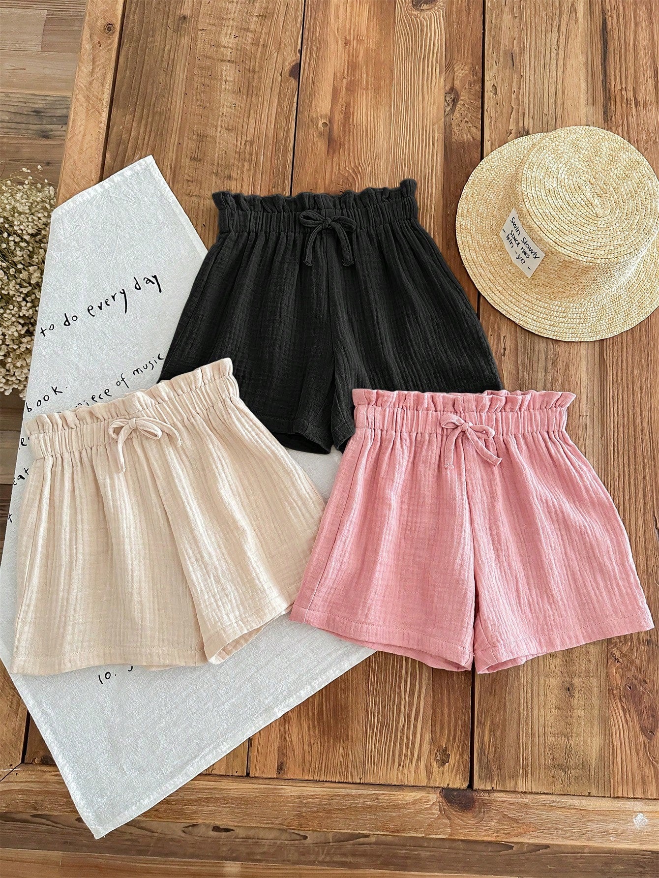 Young Girl's 3pcs Casual Summer Set: Woven Soft Dual-Layered Gauze Ruffle Shorts With Elastic Waist, Solid Color, Versatile And Breezy