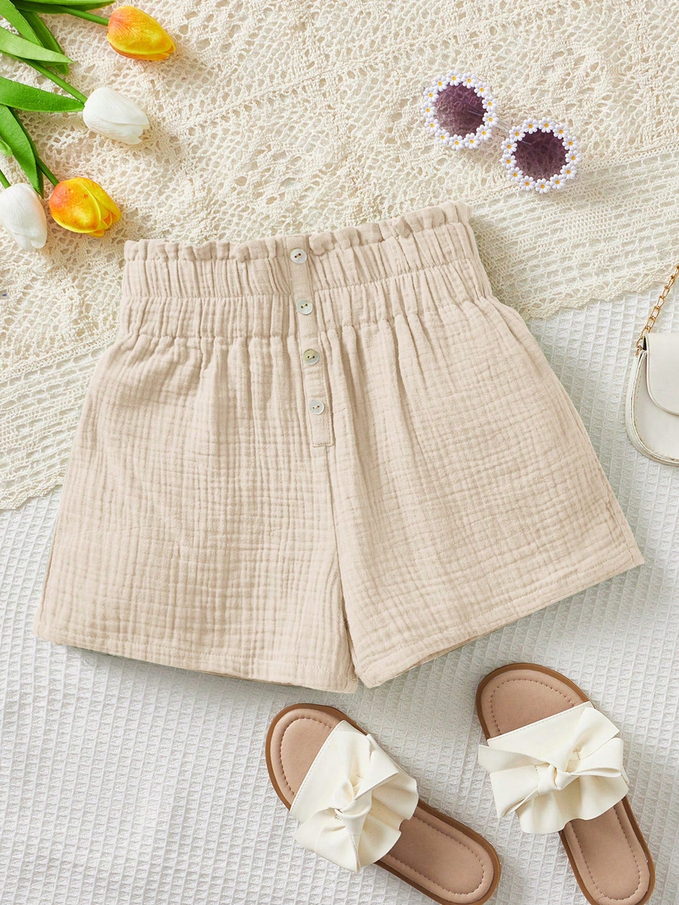 Tween Girl Solid Color Casual Shorts With Paper Bag Waist And Front Button