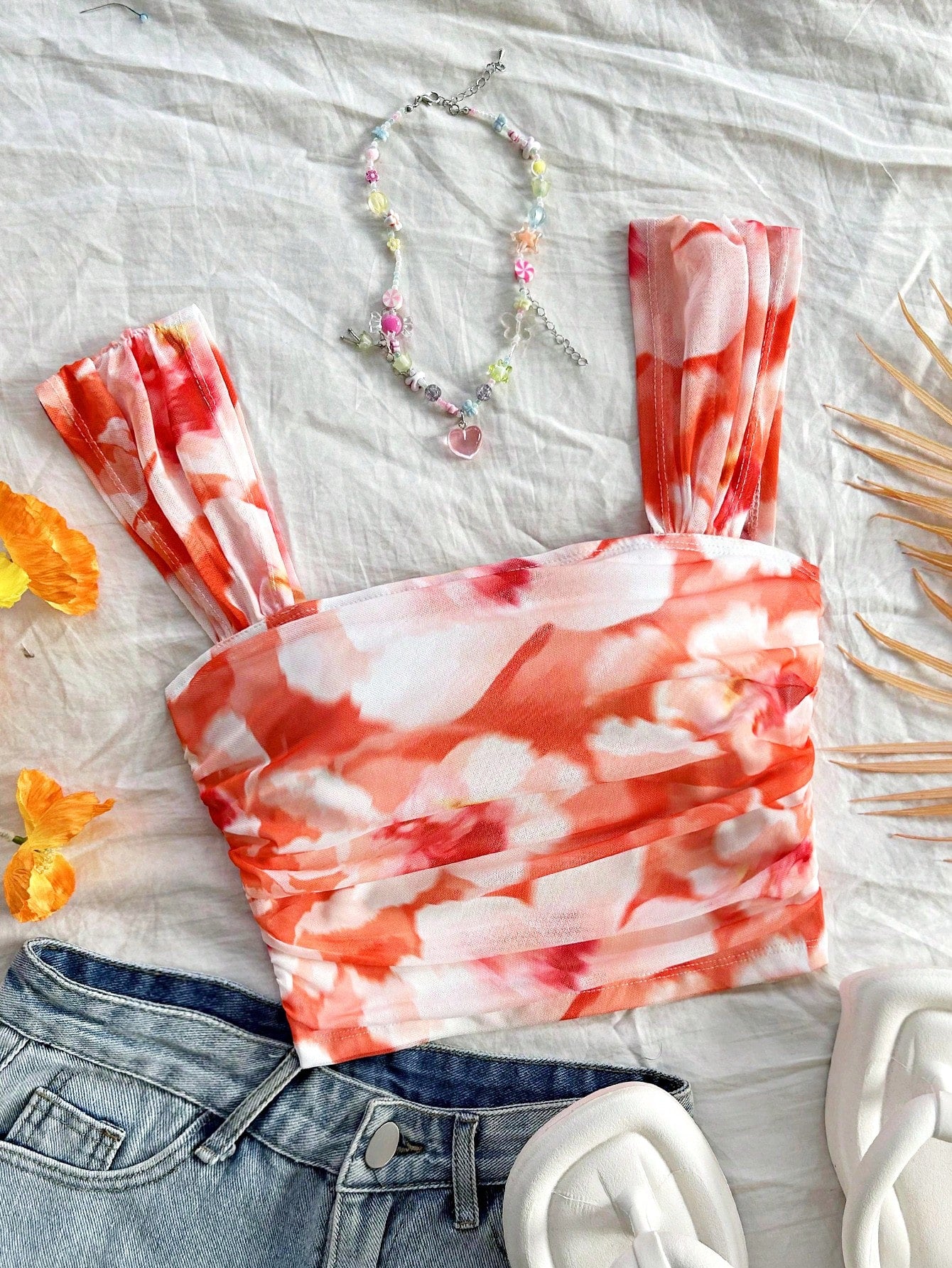 Vacation Women's Leisure Flower Print Square Neck Ruched Summer Bodycon Crop Tank Top