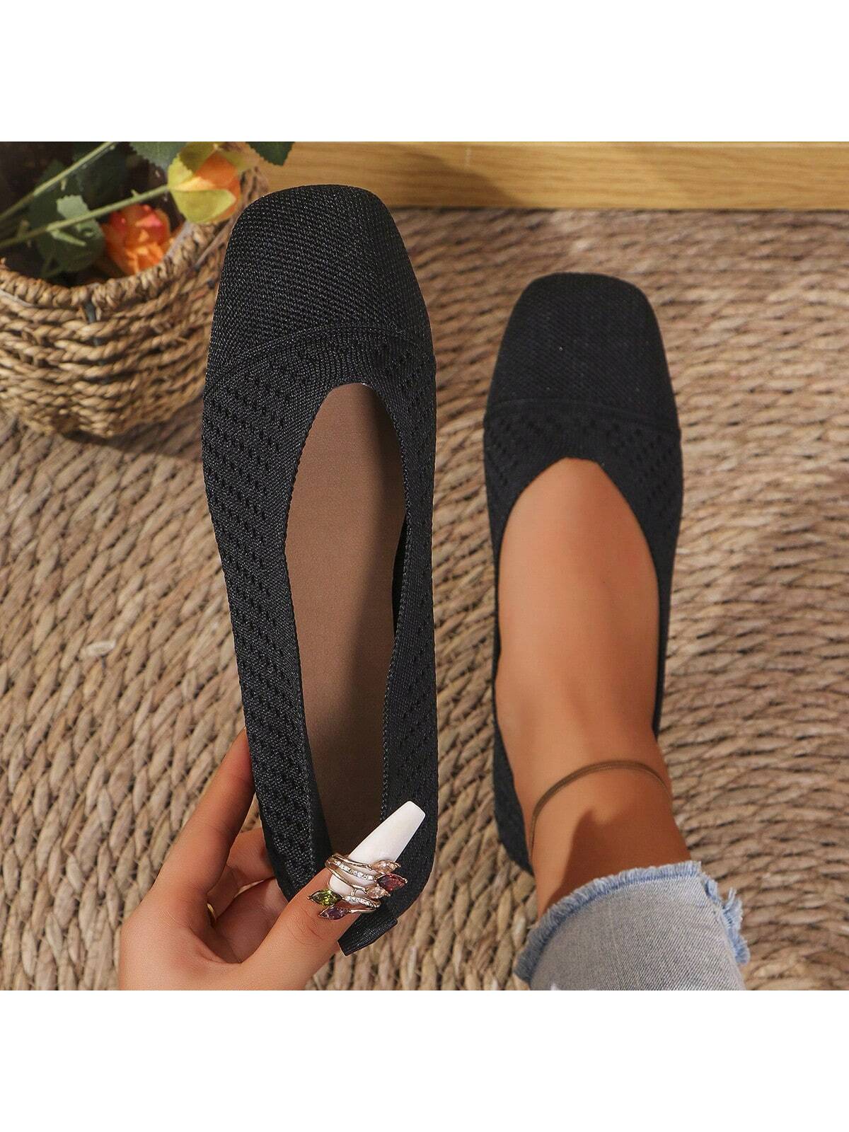 3 Pairs Of Women Knitted Flats: Solid Color Breathable Knitted Flat Shoes, V-Cut Embroidered Square Toe Formal Shoes, Anti-Slip Soft Comfortable Slip-On Shoes In Olive Green, Black, White And Beige