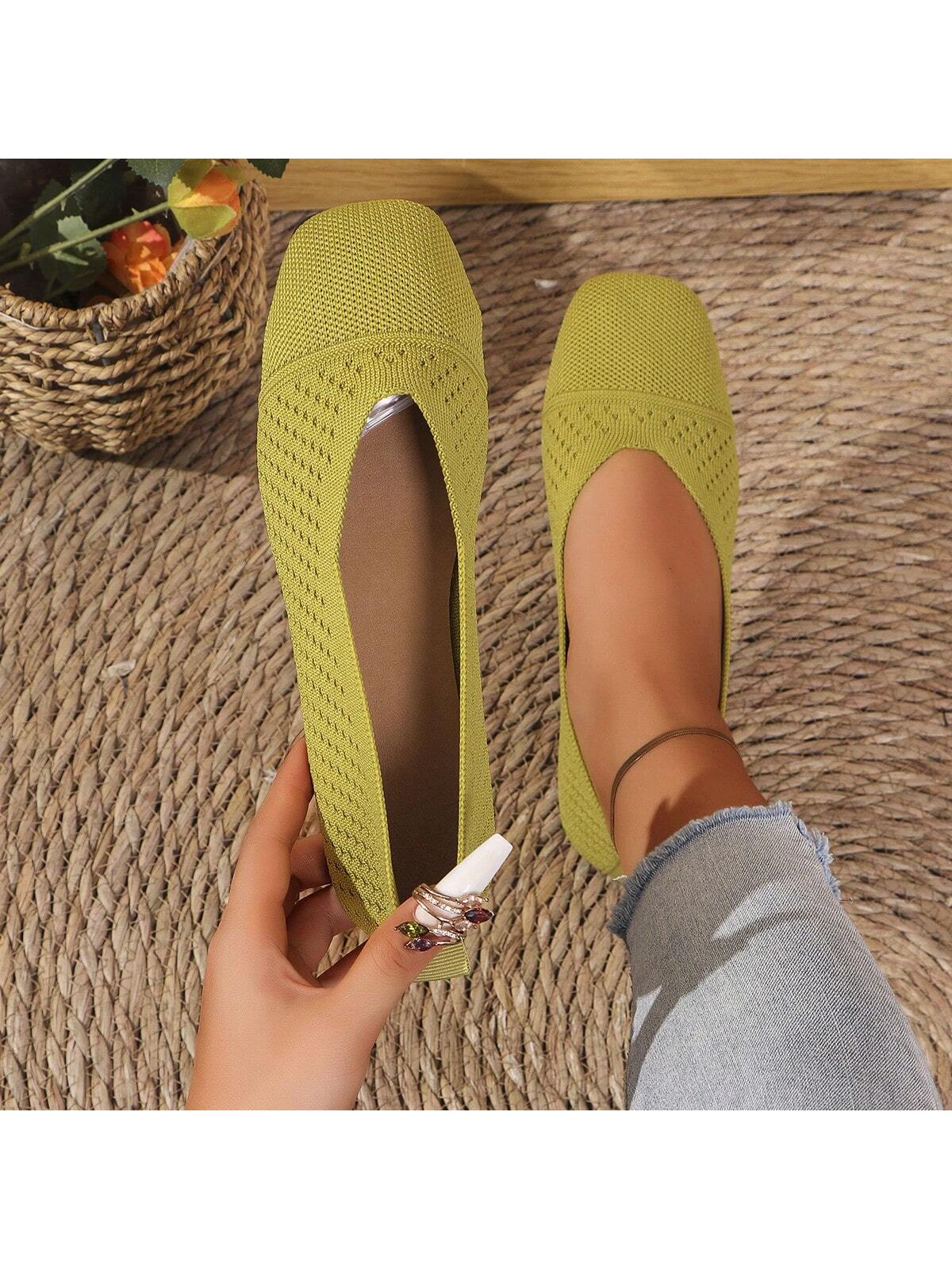 3 Pairs Of Women Knitted Flats: Solid Color Breathable Knitted Flat Shoes, V-Cut Embroidered Square Toe Formal Shoes, Anti-Slip Soft Comfortable Slip-On Shoes In Olive Green, Black, White And Beige